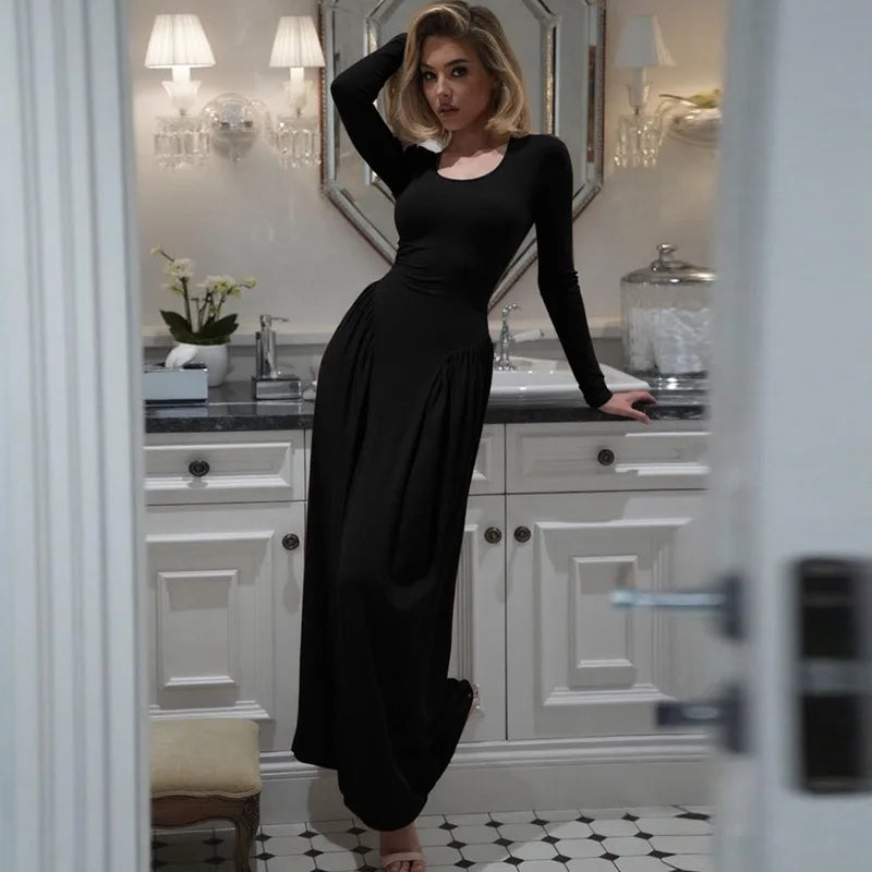 Elegant Square Neck Patchwork Long Sleeve Maxi Dress