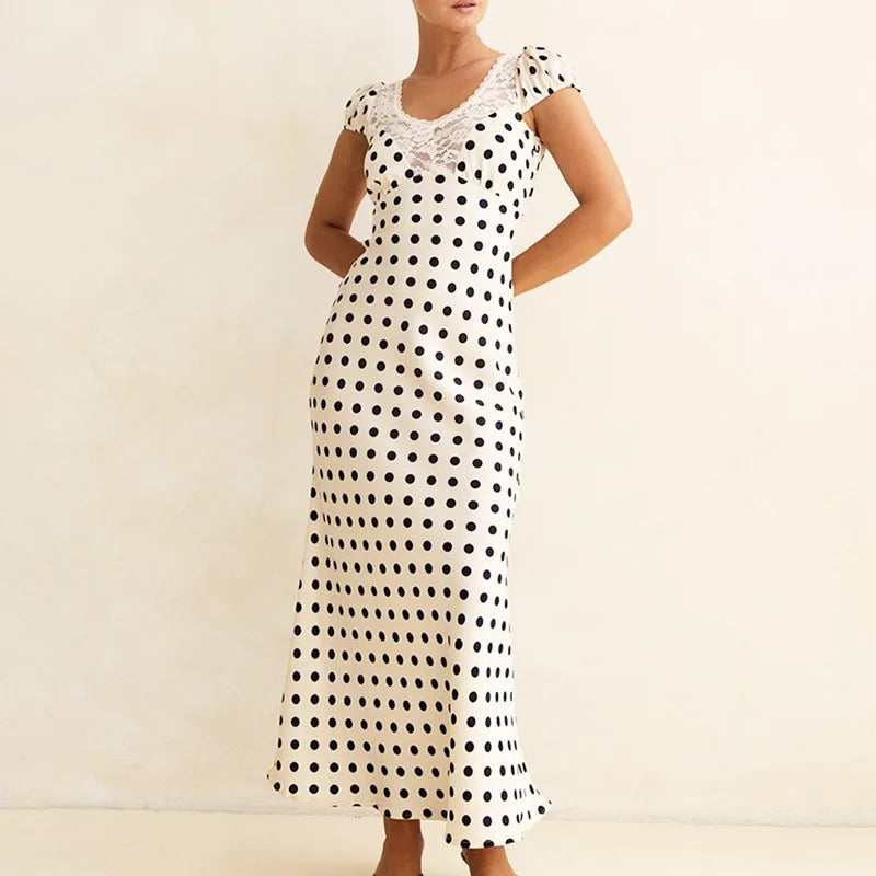 Elegant Polka Dot Patchwork Hollow Out Maxi Dress
