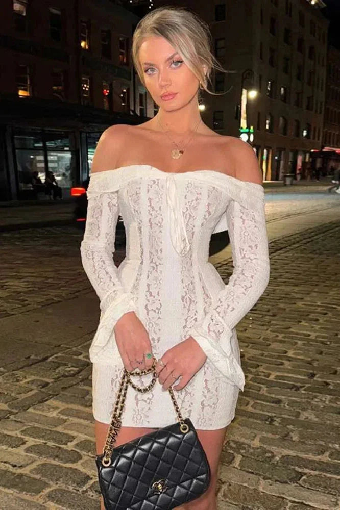 Lace Hollow Out Slim Off-Shoulder Long Sleeve Bodycon Mini Dress