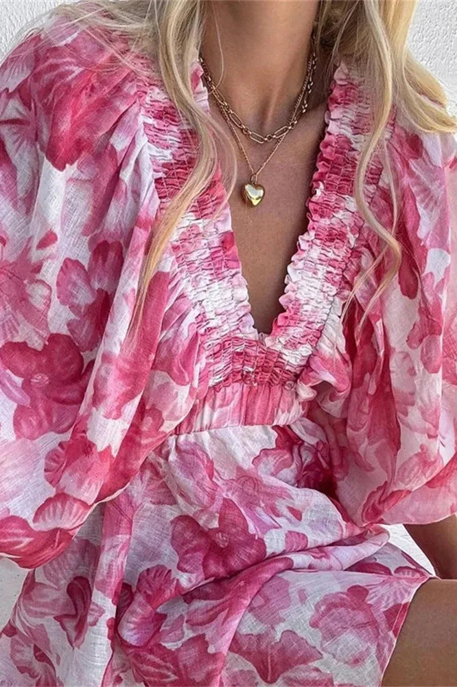 V-Neck Printed Short Sleeve Slim Lace-Up Mini Dress