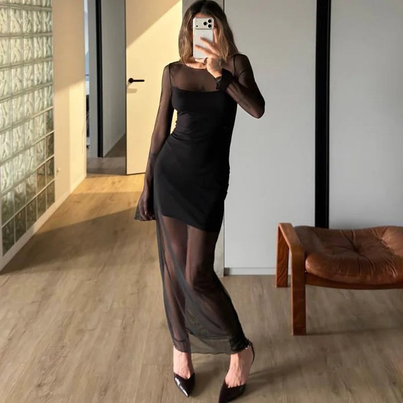 Elegant See Through Patchwork High Waist Maxi Dress