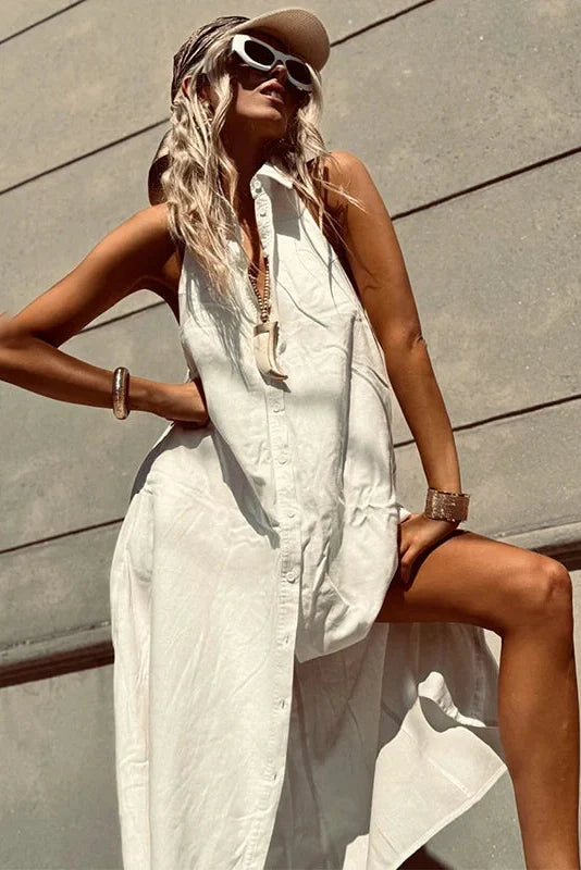 Elegant Sleeveless Button Backless Maxi Dress