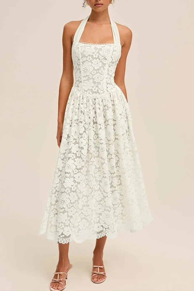 Hollow Out Backless Sleeveless Slim Pleated Lace Midi Dress