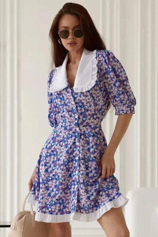 Short Sleeves Printed High-Waisted Mini Dress