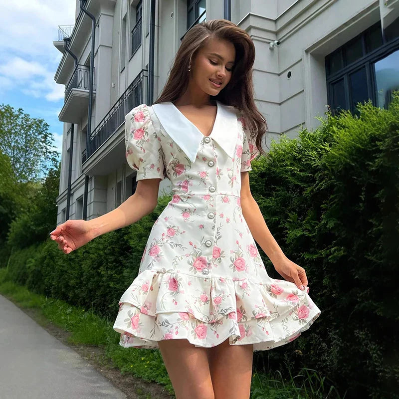 Printed Puff Sleeves V-Neck High Waist Mini Dress