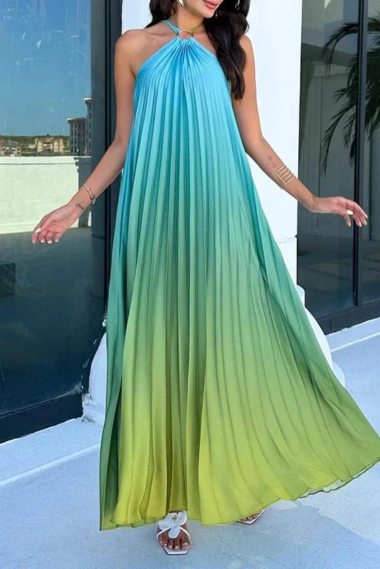 Printed Pleated Off-Shoulder Sleeveless Maxi Dress