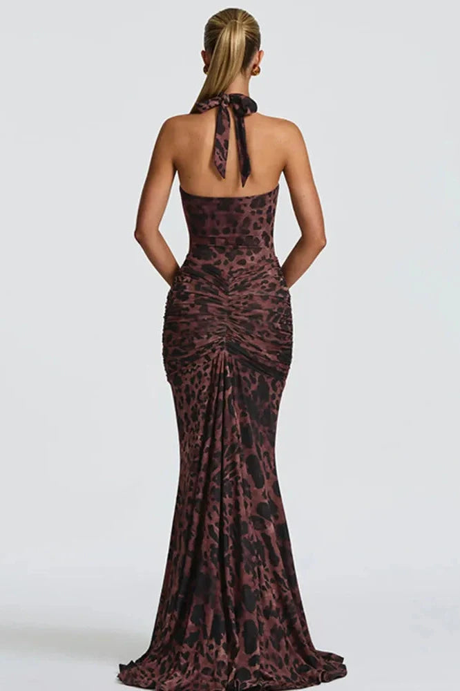 Printed Backless Deep V Neck Sleeveless Bodycon Maxi Dress