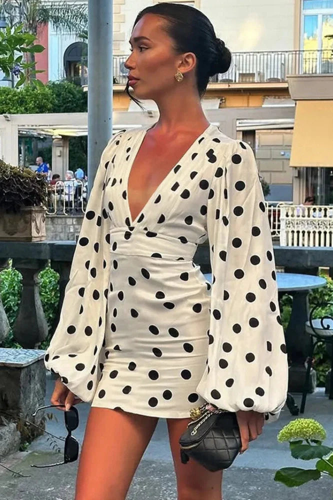 Polka Dot Long Sleeve Deep V Neck High Waist Mini Dress