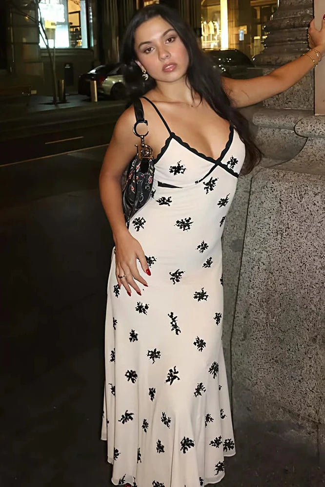 Lace Printed Backless Spaghetti Strap V Neck Sleeveless Bodycon Midi Dress