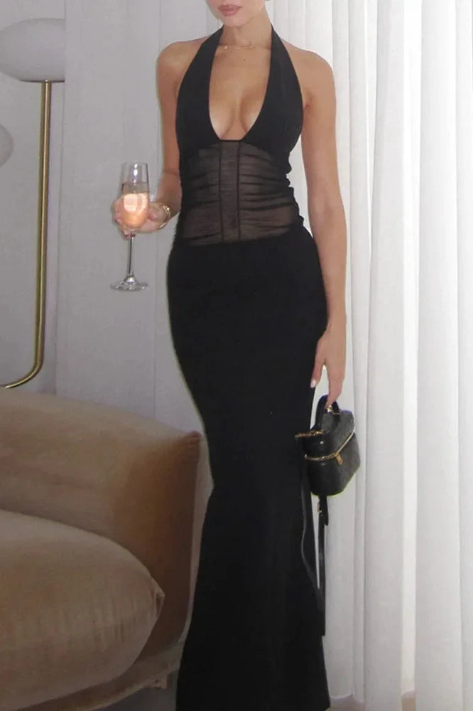 See Through Deep V Neck Sleeveless Backless Bodycon Maxi Dress