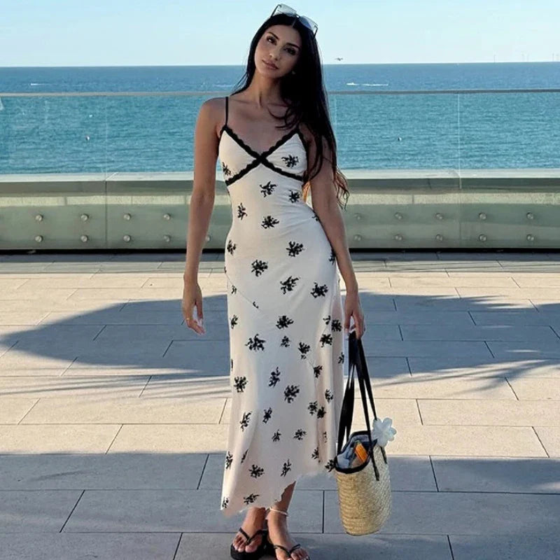 Lace Print Spaghetti Strap Slim Midi Dress