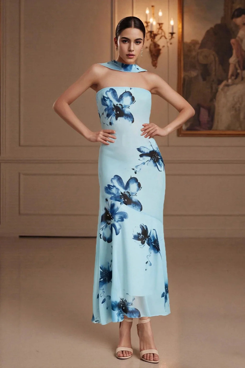 Printed Strapless Backless Bodycon Slim Maxi Dress