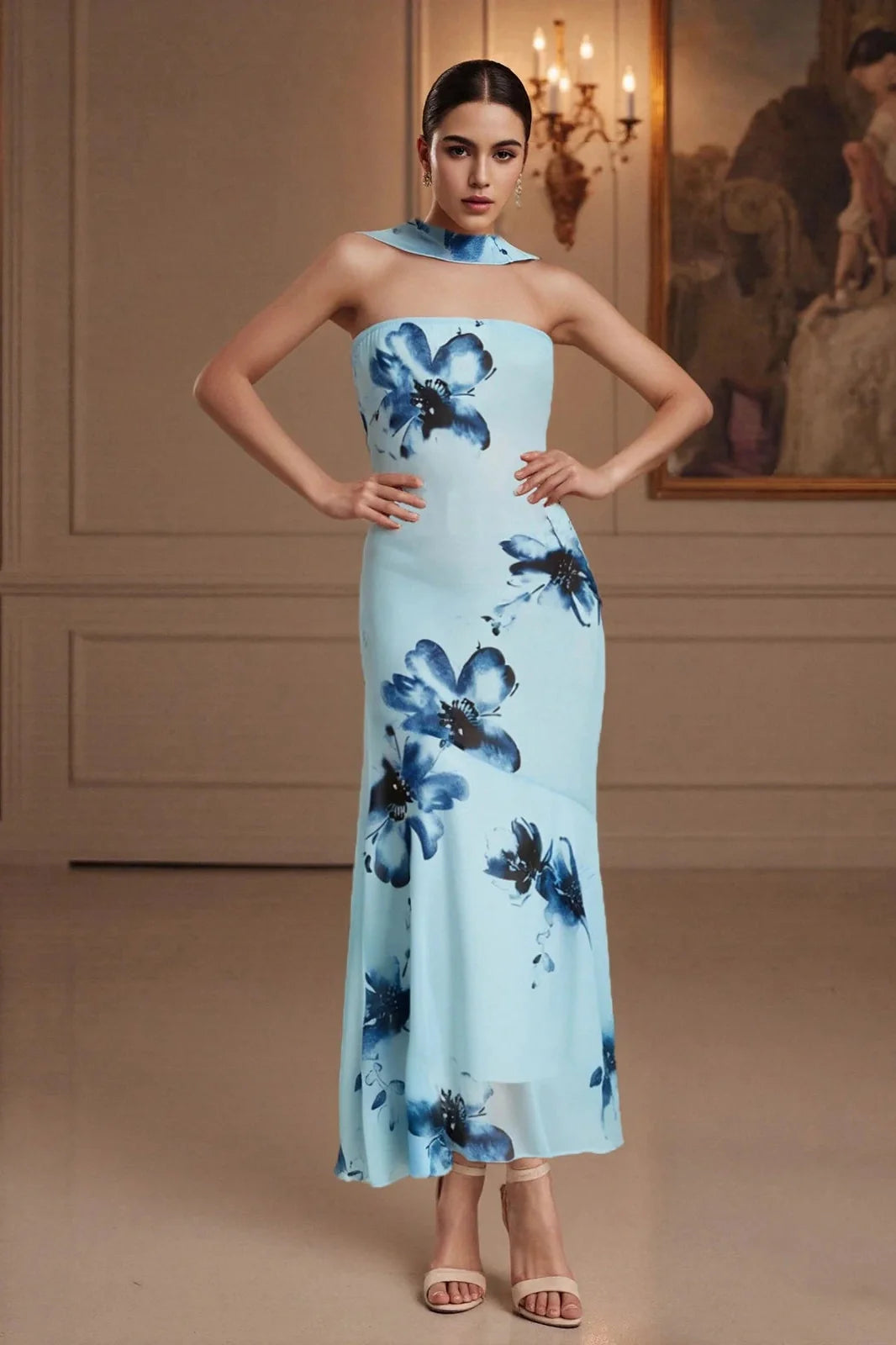 Printed Strapless Backless Bodycon Slim Maxi Dress