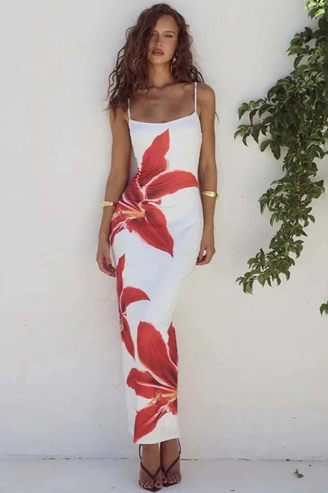 Print Spaghetti Strap Sleeveless Backless Midi Dress