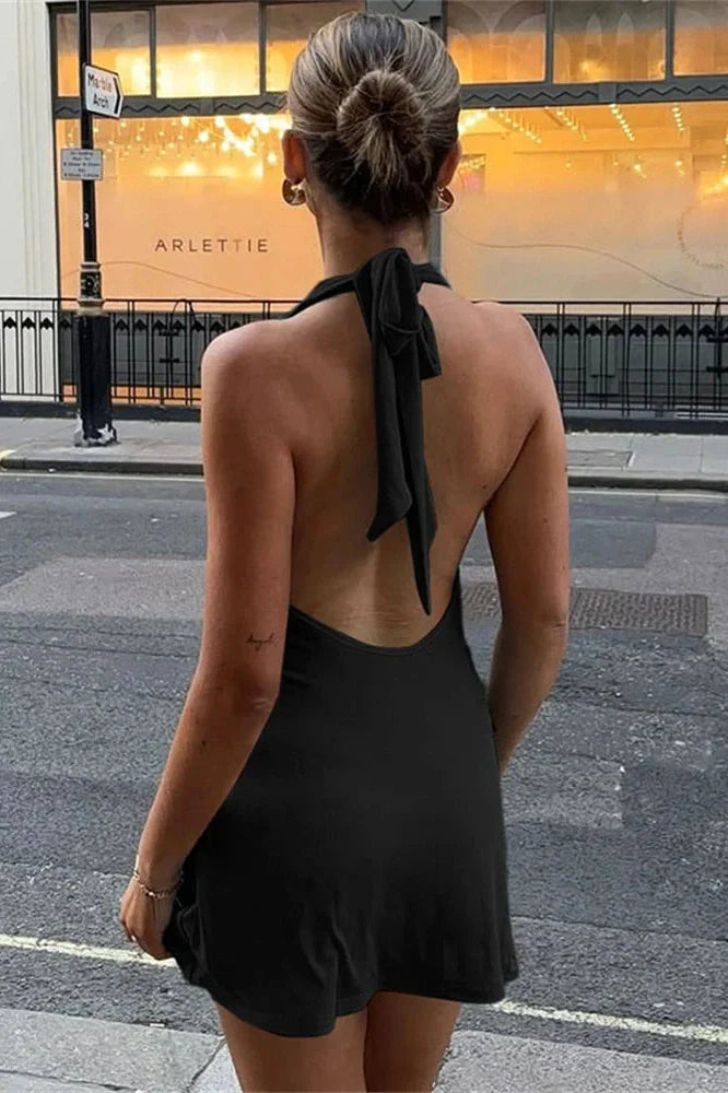 V-Neck Backless Sleeveless Slim Pleated Mini Dress