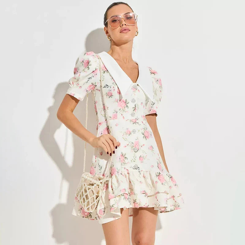 Printed Puff Sleeves V-Neck High Waist Mini Dress
