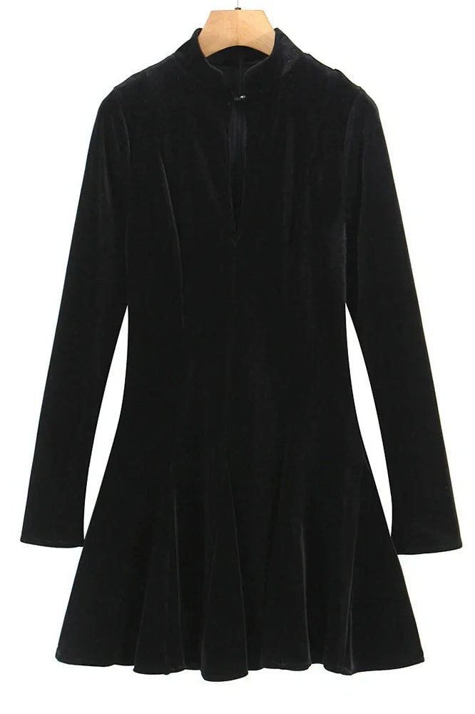 Hollow Out Long Sleeve Velvet Turtleneck High Waist A-line Mini Dress