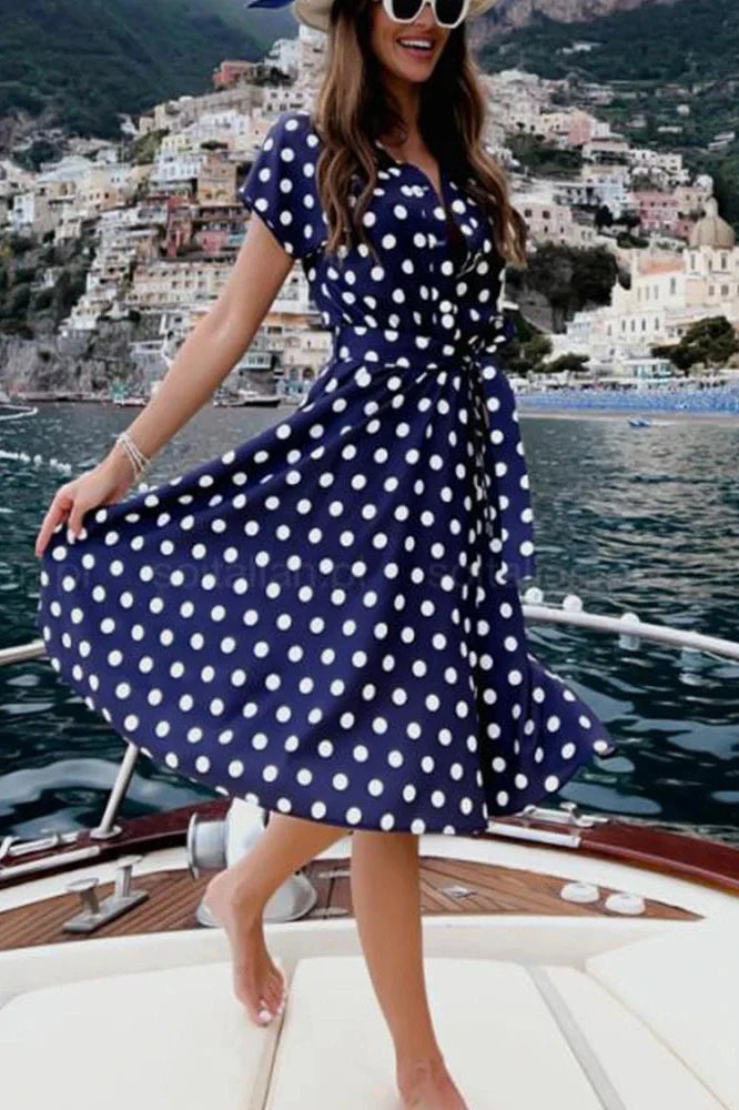 Polka Dot Print V-Neck Button Lace-up Slim A-Line Midi Dress