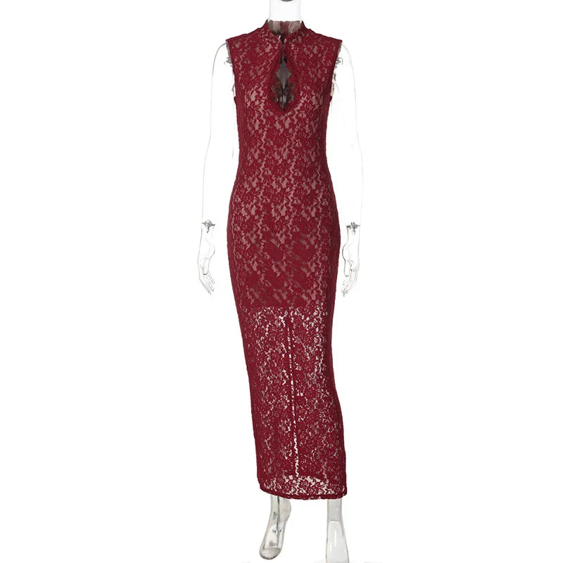Hollow Lace Sleeveless Slit High Waist Maxi Dress