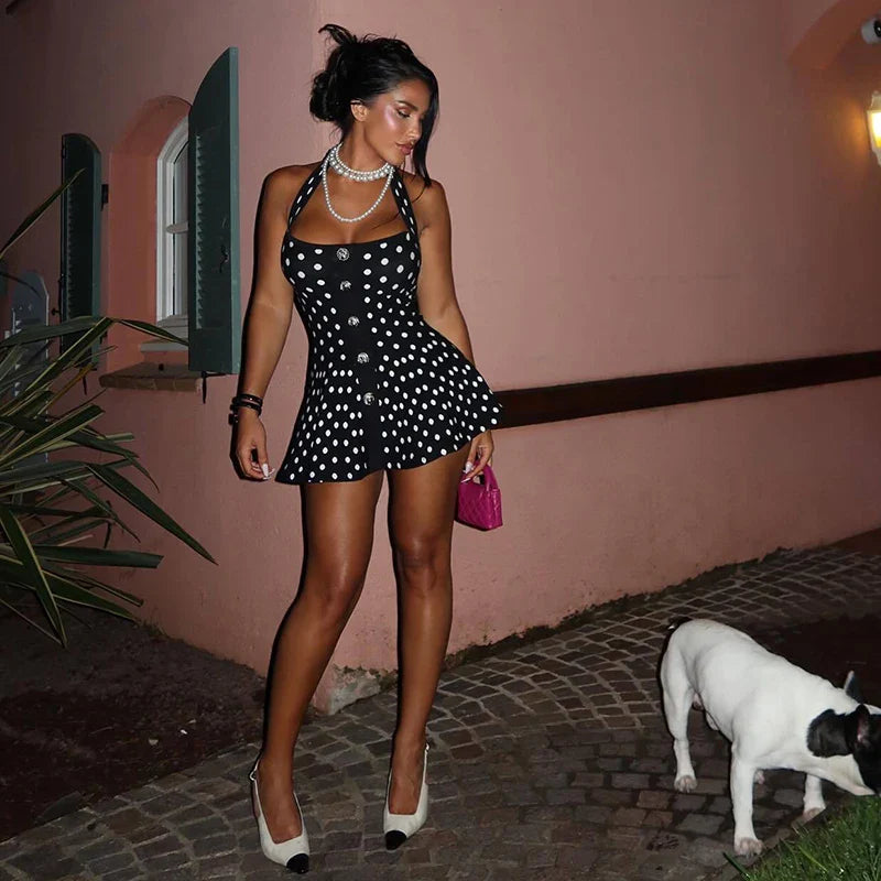 Polka Dot Knitted Backless A-Line Mini Dress