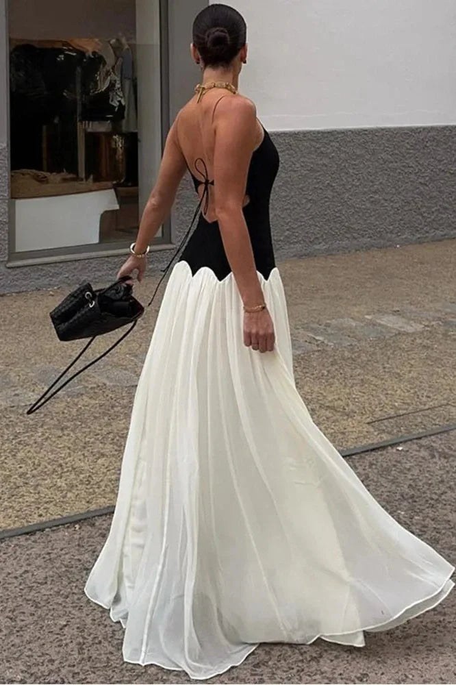 Patchwork Spaghetti Strap Sleeveless Backless Maxi Dress
