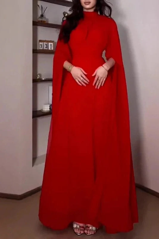 Elegant O-Neck Slit Long Sleeve Pleated High Waist Maxi Dress