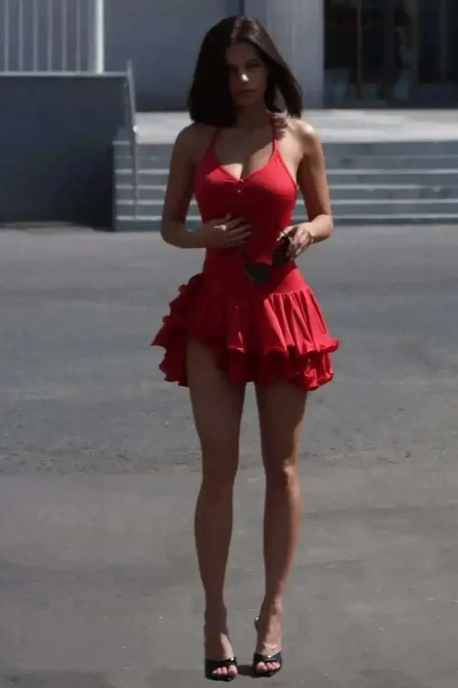 Spaghetti Strap V Neck Sleeveless Backless High Waist A-Line Mini Dress