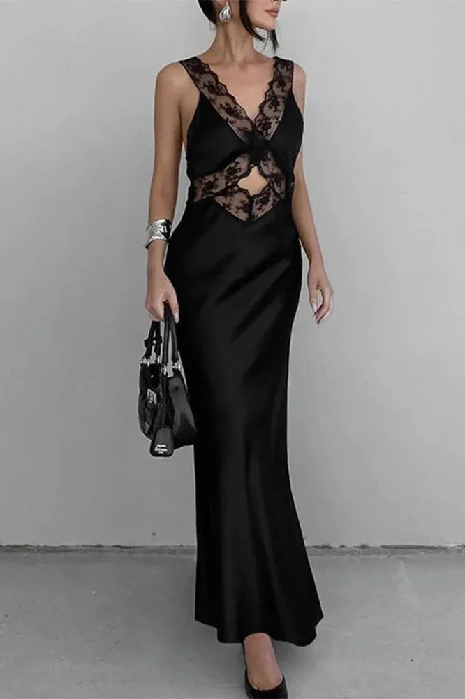 Lace Slim Deep V Neck High Waist Maxi Dress