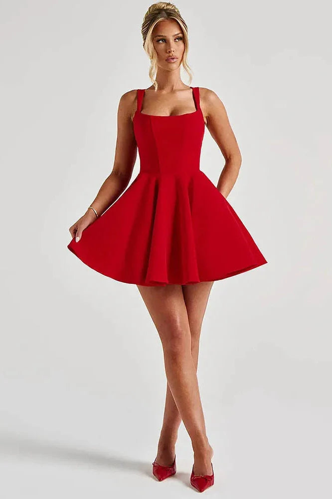 Backless Spaghetti Strap Sleeveless High Waist A-Line Mini Dress
