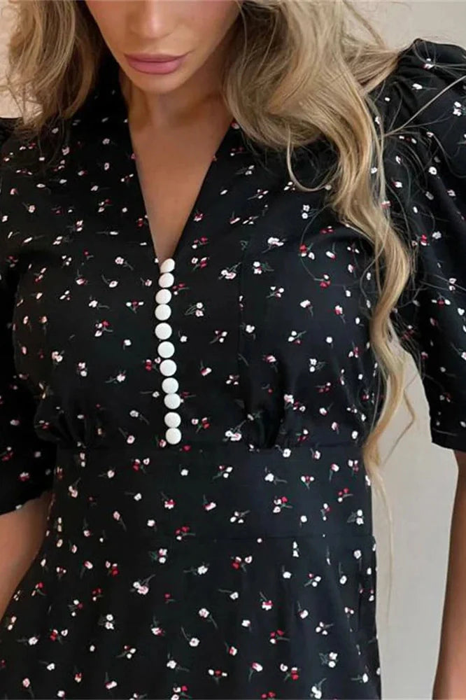 Printed High Waist V-Neck Short Sleeve Slim Maxi Dress