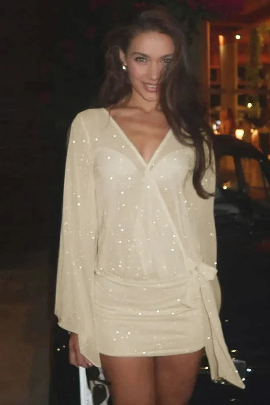 Elegant V-Neck Long-Sleeved Lace-Up Backless Mini Dress
