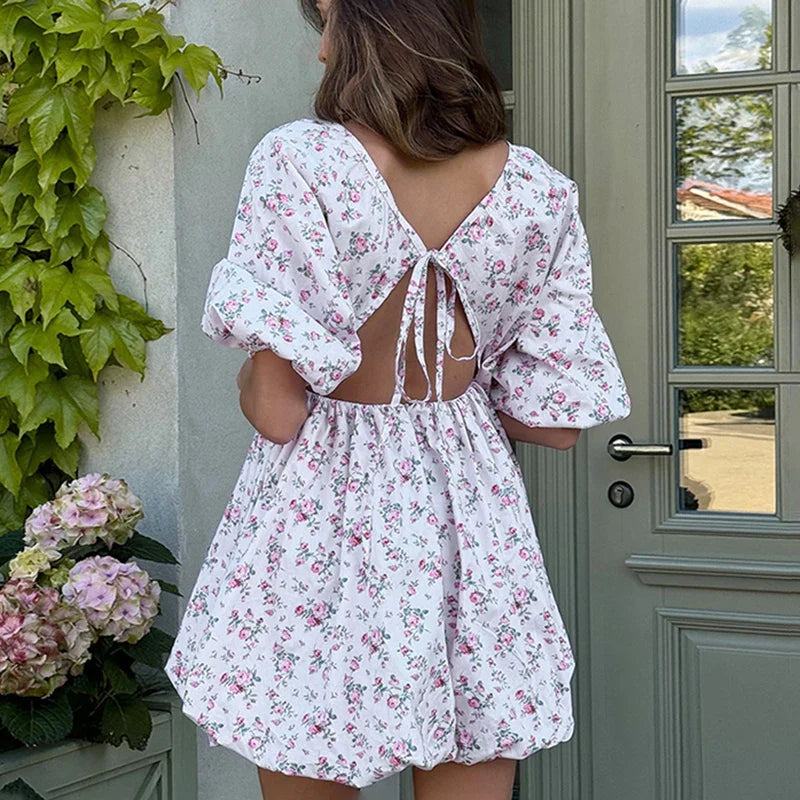 Printed Deep V-Neck Puff Sleeve Lace-Up Mini Dress