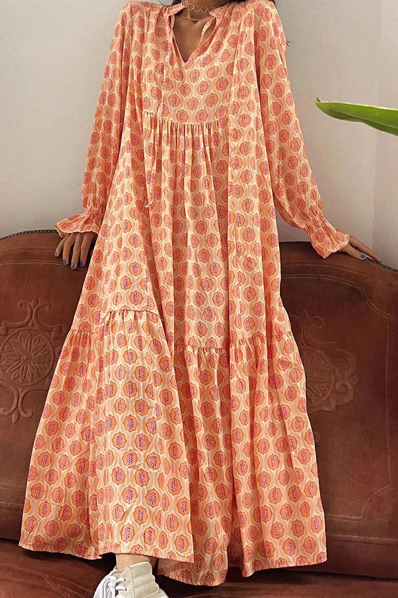 Print Tie-Up Long Sleeve V-Neck Maxi Dress
