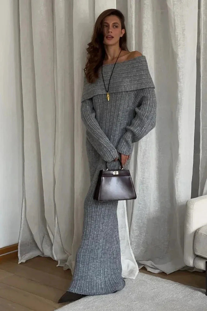 Knitted Off-Shoulder Long-Sleeved Slim High Waist Backless Maxi Dress