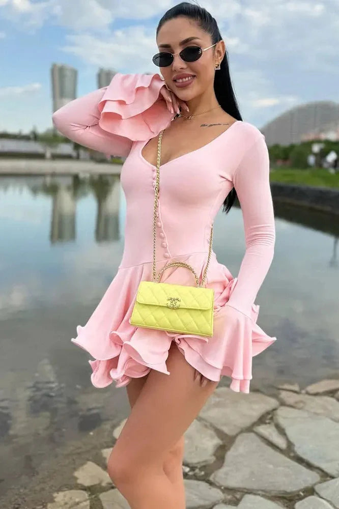 V-Neck High Waist Patchwork Long Sleeve Mini Dress