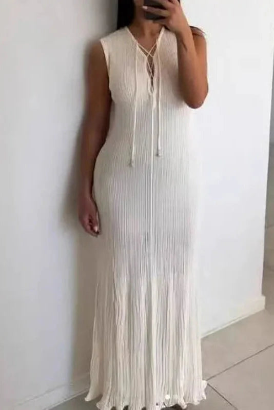 Elegant Hollow Out Lace Up Slim Knitted Sleeveless Maxi Dress