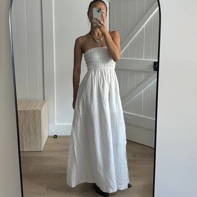 Strapless Off Shoulder High Waist Pleated Maxi Dress