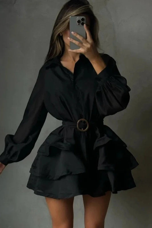 Elegant Long Sleeves Single-Breasted Belt Mini Dress