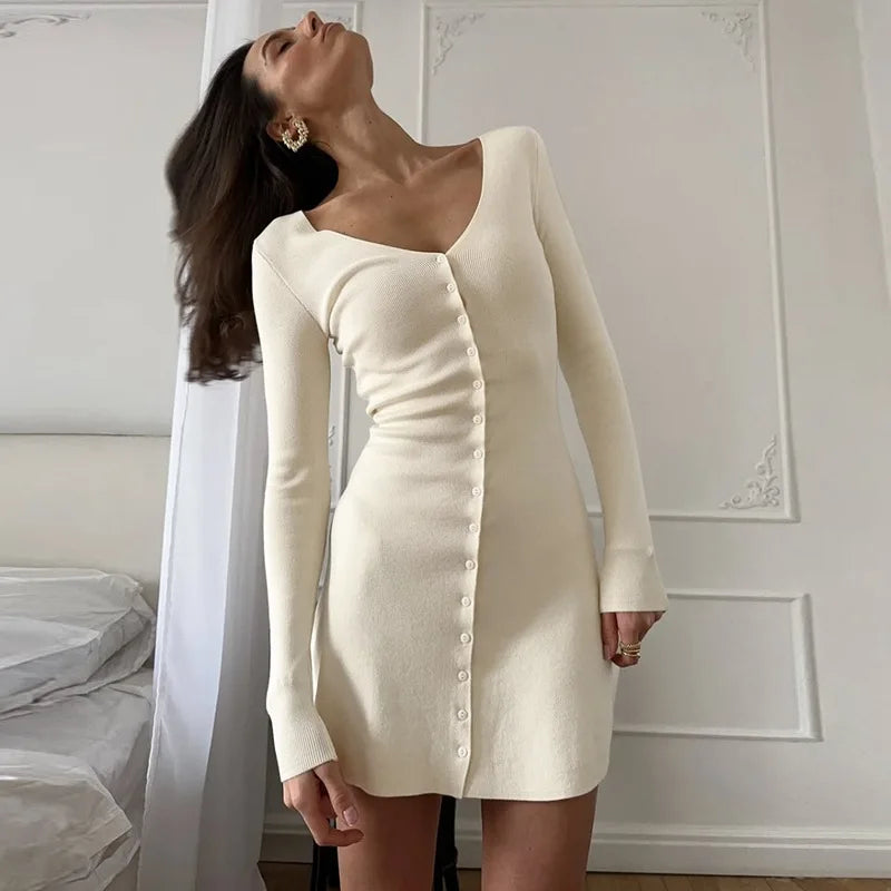 Long Sleeve V Neck Single Breasted Slim Mini Dress