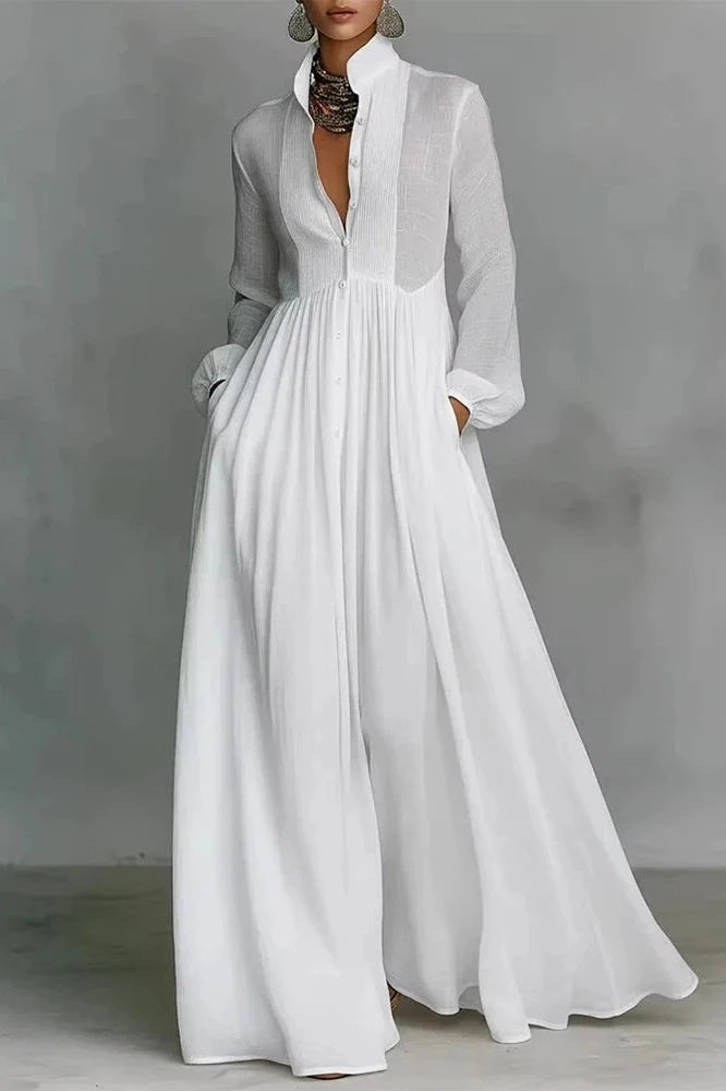 Elegant Long Sleeve Pleated High Waist Maxi Dress