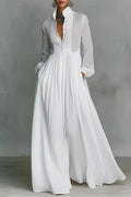 Elegant Long Sleeve Pleated High Waist Maxi Dress