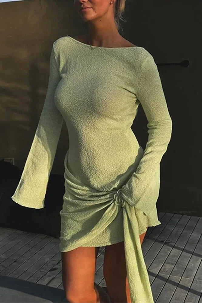 Backless Knitted Lace Up Slim Long Sleeve Irregular Mini Dress