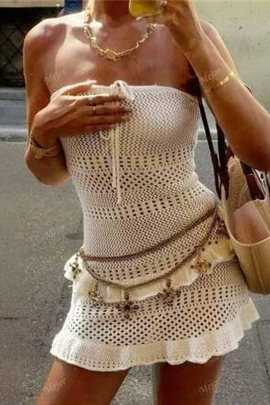 Hollow Out Tie Up Knitted Sleeveless Mini Dress