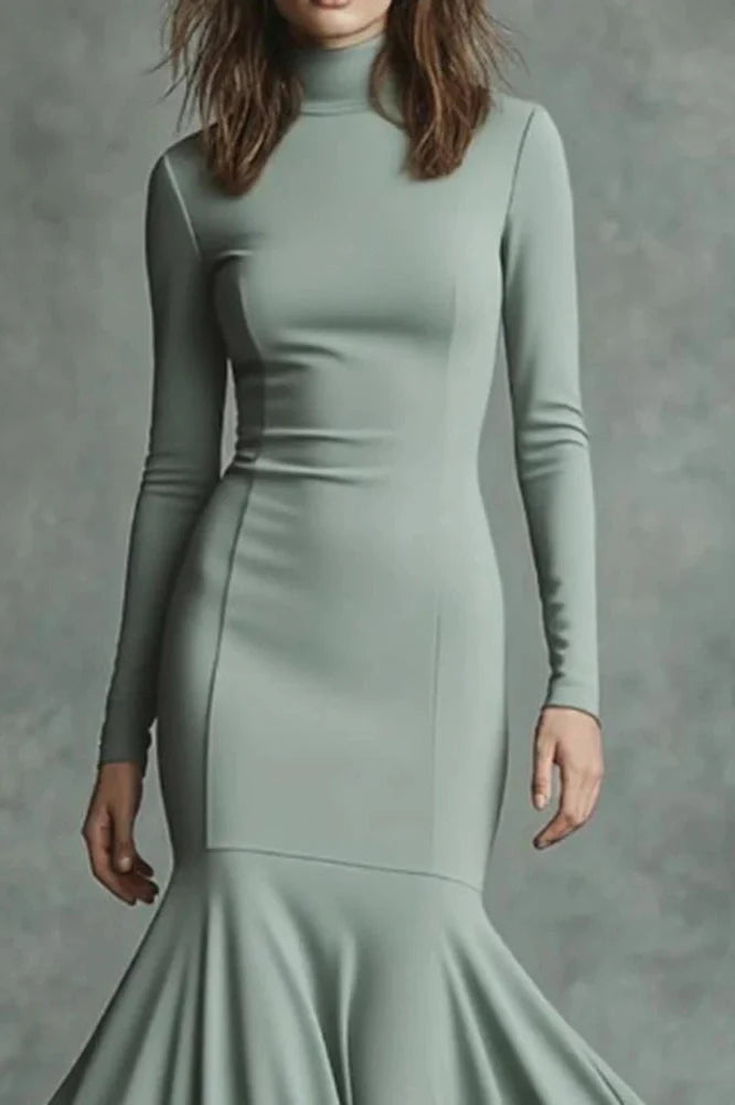 Elegant Slim High Waist Turtleneck Long Sleeve Maxi Dress