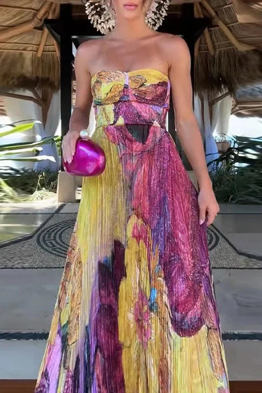 Elegant Strapless Printed Sleeveless Off Shoulder High Waist Maxi Dress