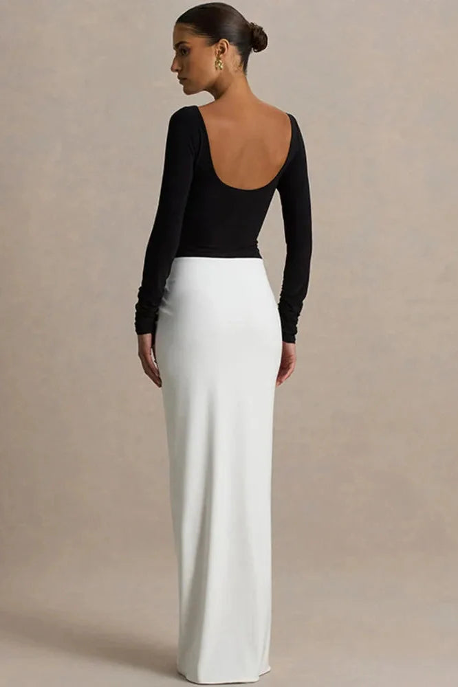Long Sleeve Backless Patchwork High Waist Maxi Dress