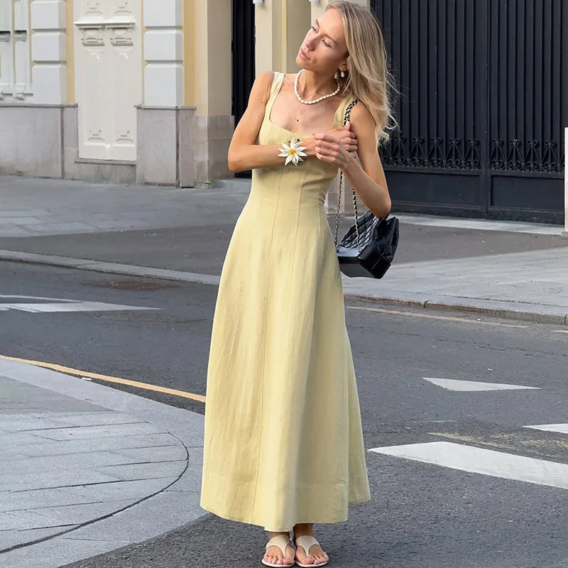 Elegant Square Neck Backless High Waist Sleeveless Maxi Dress