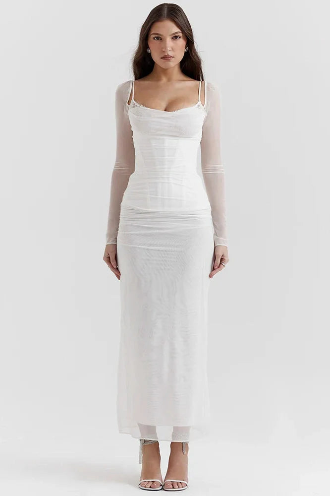 Elegant Sheer Long Sleeve Strapless Backless Maxi Dress