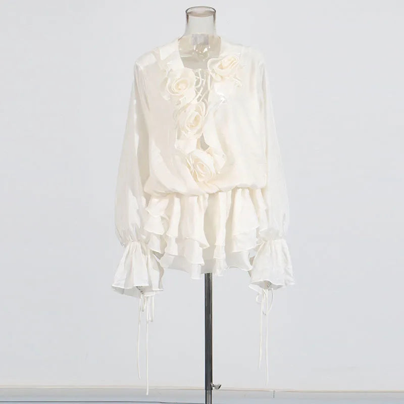 See-Through Lace Up Long Sleeve Mini Dress