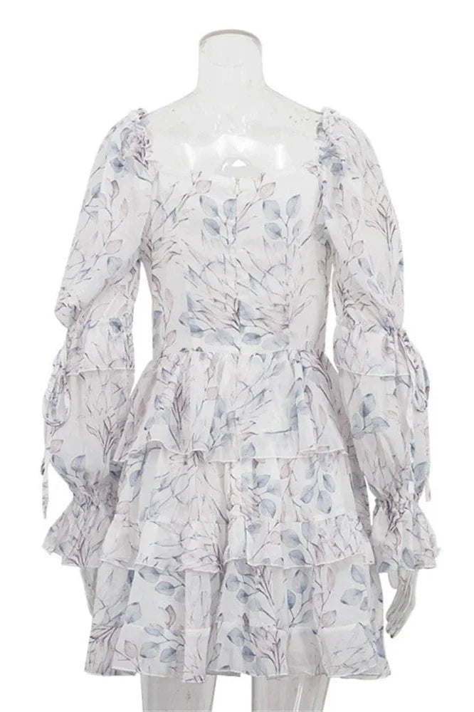 Printed Lace-Up Square Collar Patchwork Mini Dress